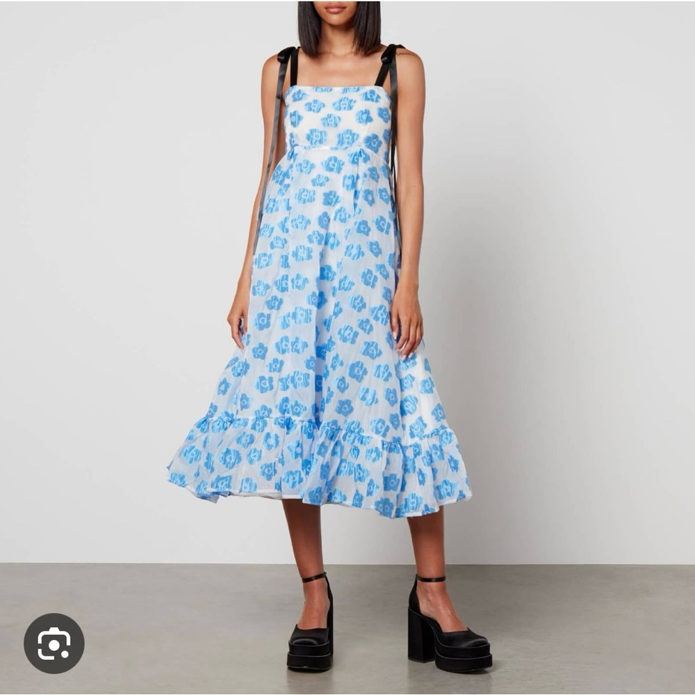 Sister Jane Bow Strap Jacquard Midi Dress in Blue Floral